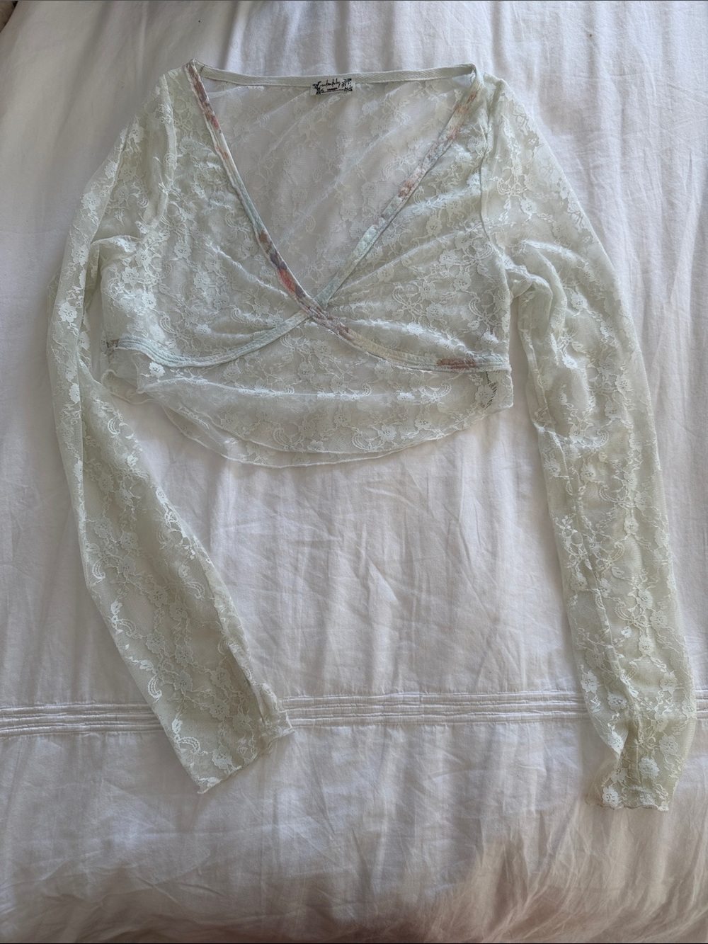 Free People Sheer Lace Crop Top - Mint Green Floral Trim